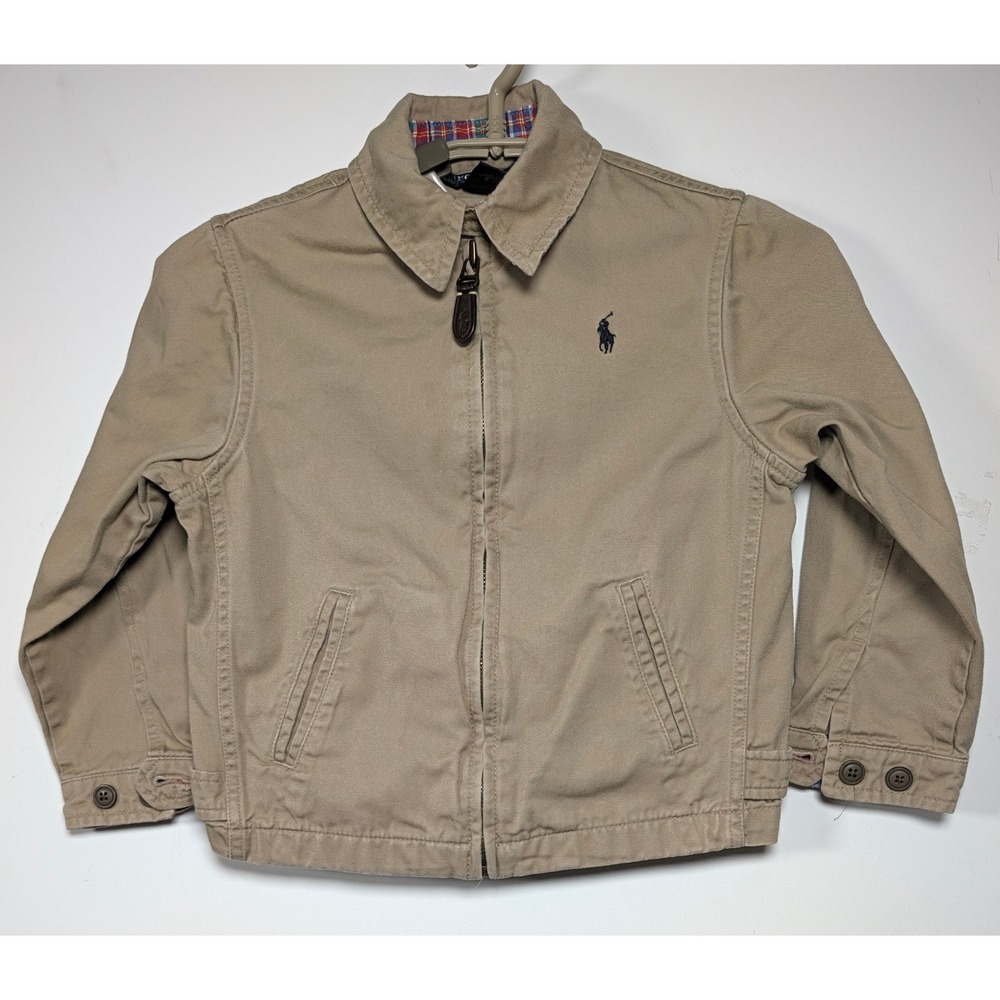 Polo Ralph Lauren Boys 5 Harrington Jacket Twill Plaid Lined Beige Cotton Zip